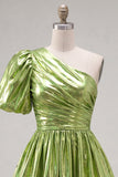 Green A-Line One Shoulder Ruched Metallic Homecoming Dress