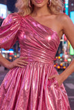 Green A-Line One Shoulder Ruched Metallic Homecoming Dress