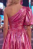 Green A-Line One Shoulder Ruched Metallic Homecoming Dress