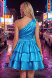 Pink A-Line One Shoulder Tiered Ruched Chiffon Homecoming Dress with Beading