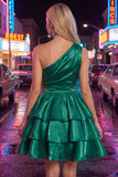 Pink A-Line One Shoulder Tiered Ruched Chiffon Homecoming Dress with Beading