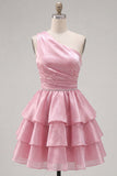 Pink A-Line One Shoulder Tiered Ruched Chiffon Homecoming Dress with Beading