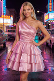 Pink A-Line One Shoulder Tiered Ruched Chiffon Homecoming Dress with Beading