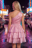 Pink A-Line One Shoulder Tiered Ruched Chiffon Homecoming Dress with Beading