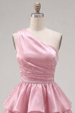 Pink A-Line One Shoulder Tiered Ruched Chiffon Homecoming Dress with Beading