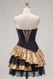 Black Golden A-Line Tiered Strapless Ruffle Short Homecoming Dress with Lace Up Back
