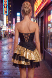 Black Golden A-Line Tiered Strapless Ruffle Short Homecoming Dress with Lace Up Back