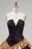 Black Golden A-Line Tiered Strapless Ruffle Short Homecoming Dress with Lace Up Back