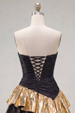Black Golden A-Line Tiered Strapless Ruffle Short Homecoming Dress with Lace Up Back