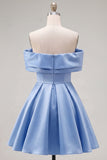 Blue A-Line Off the Shoulder Ruched Satin Homecoming Dress with Beading