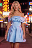 Blue A-Line Off the Shoulder Ruched Satin Homecoming Dress with Beading