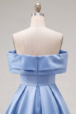 Blue A-Line Off the Shoulder Ruched Satin Homecoming Dress with Beading