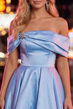 Blue A-Line Off the Shoulder Ruched Satin Homecoming Dress with Beading