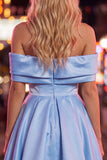 Blue A-Line Off the Shoulder Ruched Satin Homecoming Dress with Beading