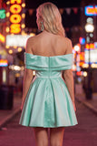 Blue A-Line Off the Shoulder Ruched Satin Homecoming Dress with Beading