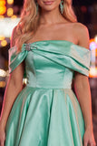 Blue A-Line Off the Shoulder Ruched Satin Homecoming Dress with Beading