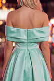 Blue A-Line Off the Shoulder Ruched Satin Homecoming Dress with Beading