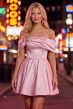 Blue A-Line Off the Shoulder Ruched Satin Homecoming Dress with Beading