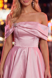 Blue A-Line Off the Shoulder Ruched Satin Homecoming Dress with Beading