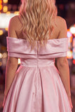 Blue A-Line Off the Shoulder Ruched Satin Homecoming Dress with Beading