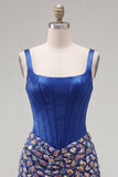 Dark Blue Bodycon Corset Square Neck Homecoming Dress with Rhinestones