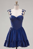 A-Line Navy Corset Spaghetti Straps Homecoming Dress with Ruffles