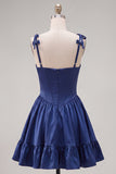 A-Line Navy Corset Spaghetti Straps Homecoming Dress with Ruffles