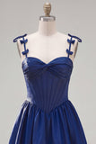 A-Line Navy Corset Spaghetti Straps Homecoming Dress with Ruffles
