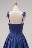 A-Line Navy Corset Spaghetti Straps Homecoming Dress with Ruffles