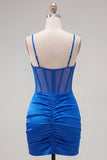 Satin Royal Blue Bodycon Sheer Corset Spaghetti Straps Ruched Homecoming Dress
