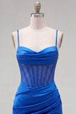 Satin Royal Blue Bodycon Sheer Corset Spaghetti Straps Ruched Homecoming Dress