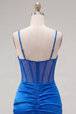 Satin Royal Blue Bodycon Sheer Corset Spaghetti Straps Ruched Homecoming Dress