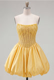 Yellow A-Line Strapless Sheer Corset Lace Up Back Homecoming Dress with Pearls