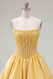 Yellow A-Line Strapless Sheer Corset Lace Up Back Homecoming Dress with Pearls