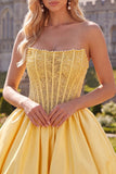 Yellow A-Line Strapless Sheer Corset Lace Up Back Homecoming Dress with Pearls
