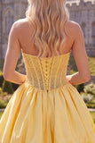 Yellow A-Line Strapless Sheer Corset Lace Up Back Homecoming Dress with Pearls