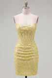Sparkly Yellow Bodycon Strapless Corset Lace Up Back Sequins Homecoming Dress with Beading