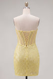 Sparkly Yellow Bodycon Strapless Corset Lace Up Back Sequins Homecoming Dress with Beading