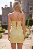 Sparkly Yellow Bodycon Strapless Corset Lace Up Back Sequins Homecoming Dress with Beading