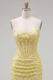 Sparkly Yellow Bodycon Strapless Corset Lace Up Back Sequins Homecoming Dress with Beading