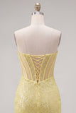 Sparkly Yellow Bodycon Strapless Corset Lace Up Back Sequins Homecoming Dress with Beading