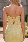 Sparkly Yellow Bodycon Strapless Corset Lace Up Back Sequins Homecoming Dress with Beading