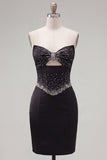 Black Bodycon Sweetheart Corset Satin Beaded Homecoming Dress with Bow