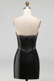 Black Bodycon Sweetheart Corset Satin Beaded Homecoming Dress with Bow