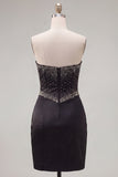 Black Bodycon Sweetheart Corset Satin Beaded Homecoming Dress with Bow