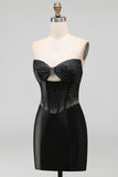 Black Bodycon Sweetheart Corset Satin Beaded Homecoming Dress with Bow