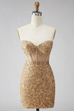 Sparkly Golden Bodycon Sweetheart Sheer Corset Sequins Homecoming Dress