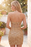 Sparkly Golden Bodycon Sweetheart Sheer Corset Sequins Homecoming Dress