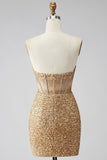 Sparkly Golden Bodycon Sweetheart Sheer Corset Sequins Homecoming Dress
