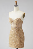 Sparkly Golden Bodycon Sweetheart Sheer Corset Sequins Homecoming Dress